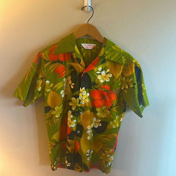 Sears Vintage 70s Hawaiian Floral Button Up Shirt Green Mens - Picture 3 of 10